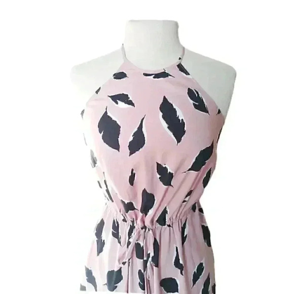 Loft Dusty Rose Black Leaf Print Drawstring Waist Sleeveless Midi Dress - Picture 4 of 9